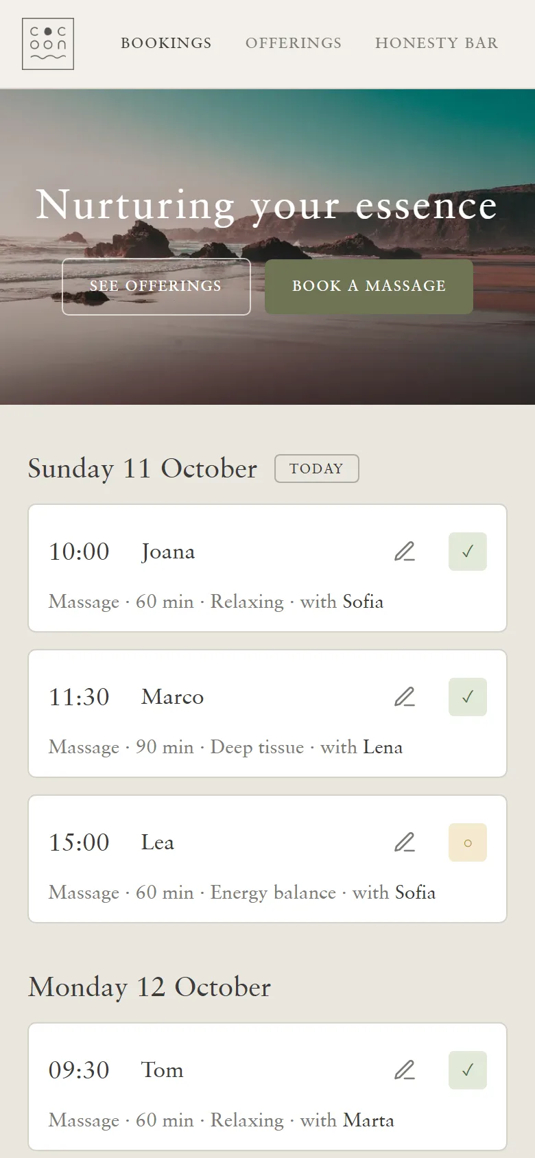 Cocoon Onsite on a phone: the board of a made-up retreat, today first.