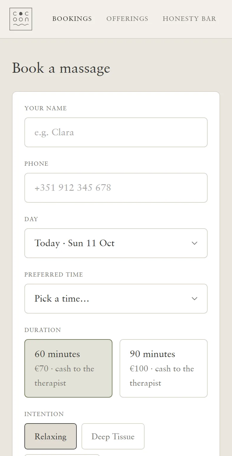 Cocoon Onsite on a phone: the booking form, with only the days of this retreat to choose from.