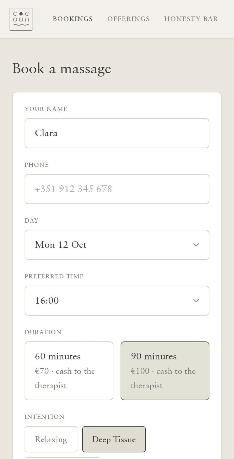Cocoon Onsite on a phone: booking a massage, with name, day, time, duration and intention.