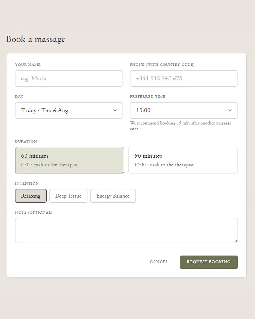 Cocoon onsite bookings: the booking form, with the length, the price and the intention of the massage.