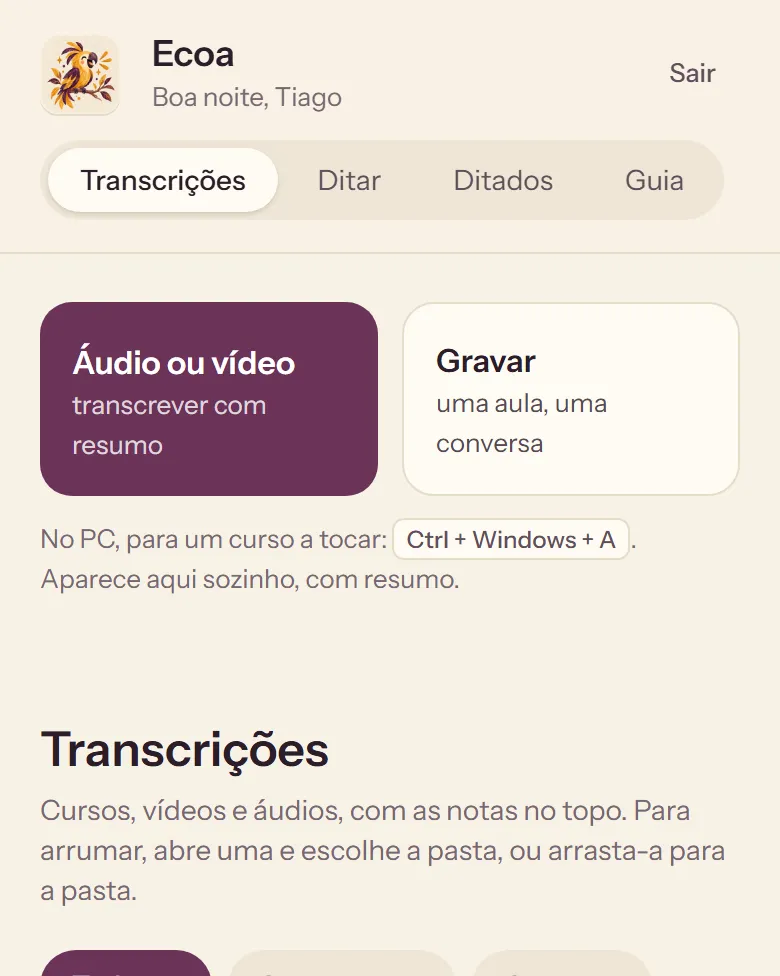 Ecoa on a phone, with made-up transcripts: the buttons to transcribe or record, and the transcripts sorted into folders.