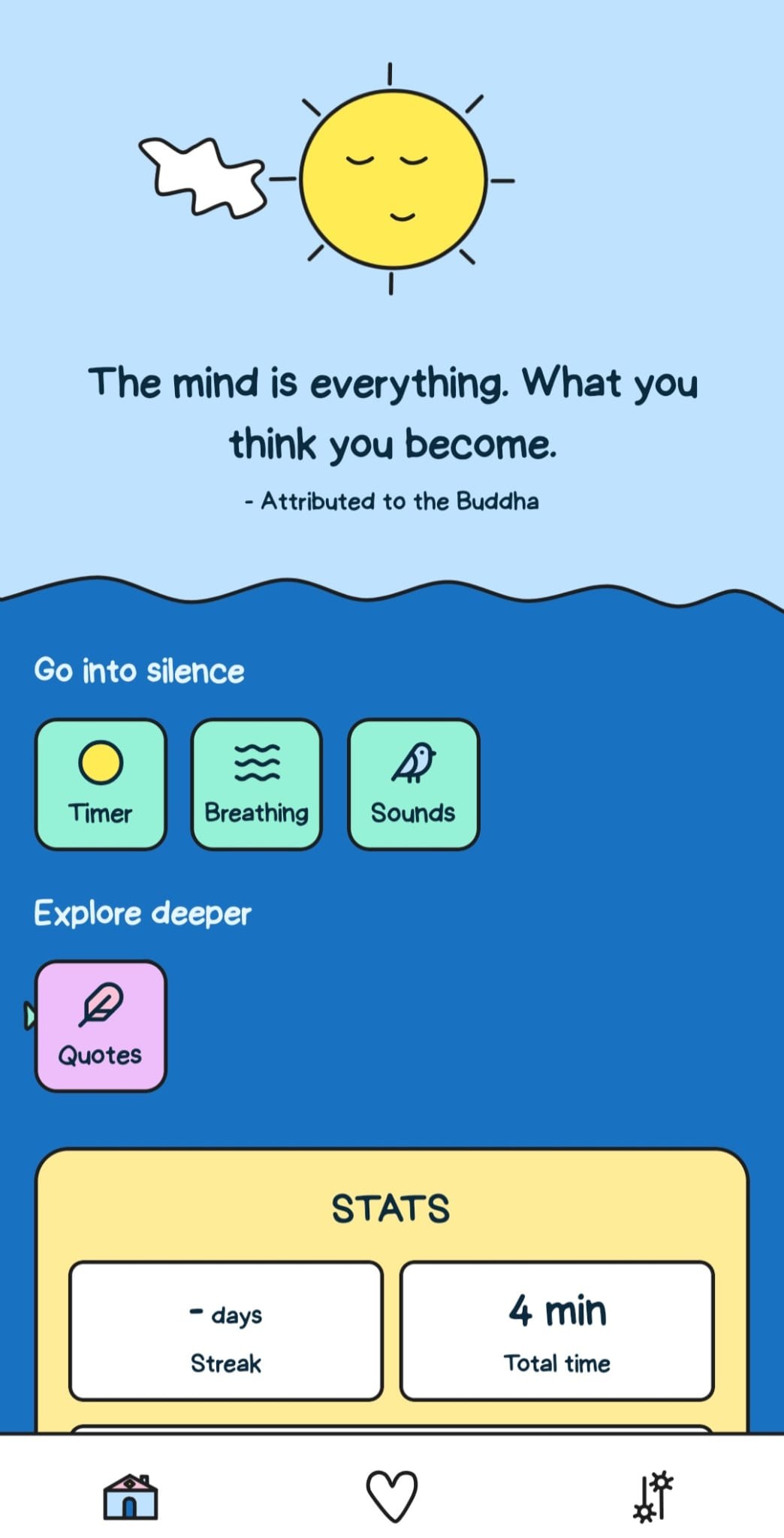 The Peaceful home screen: a sleeping sun over a quote, and the ocean below