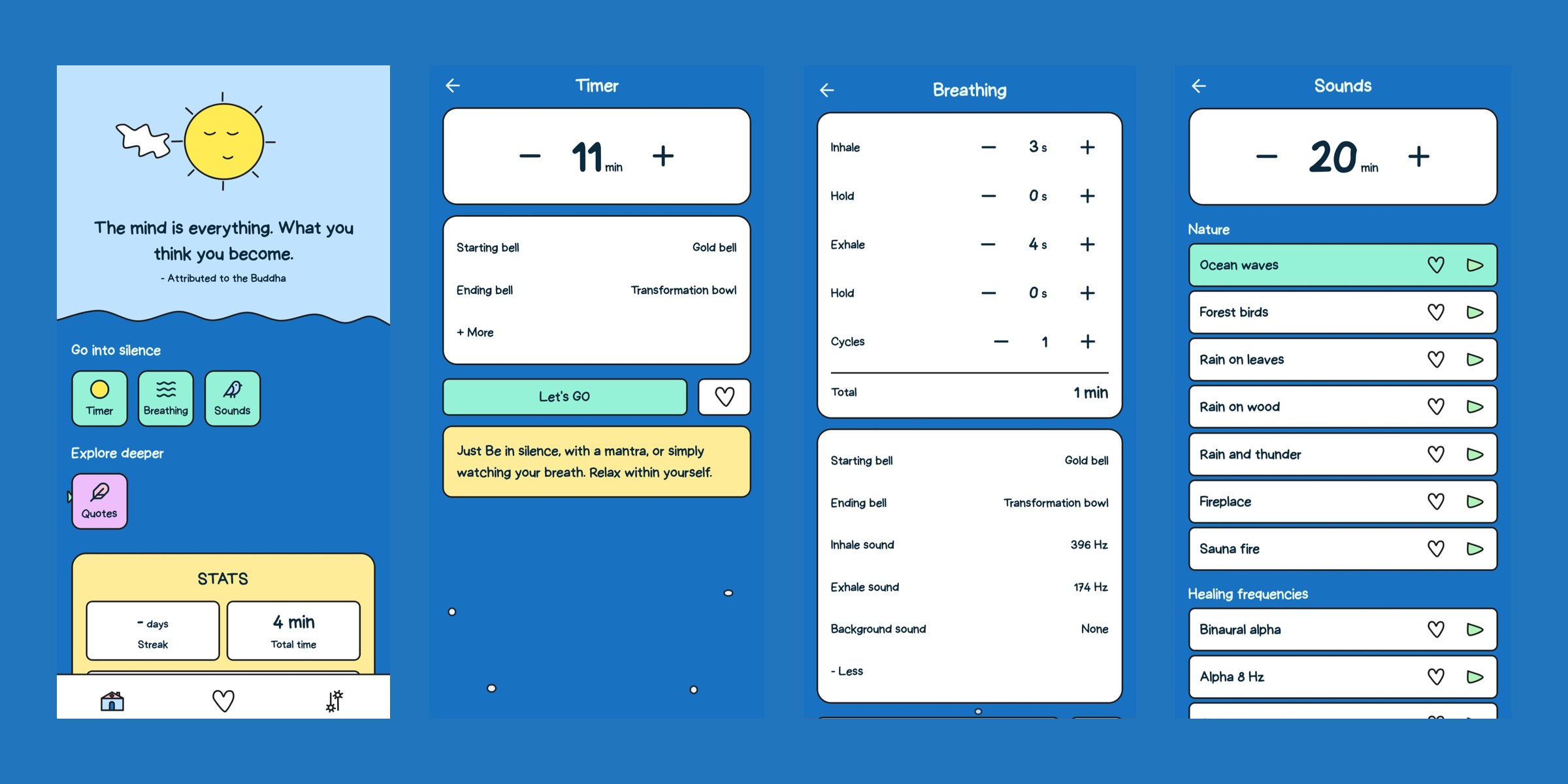 Four screens of the Peaceful meditation app
