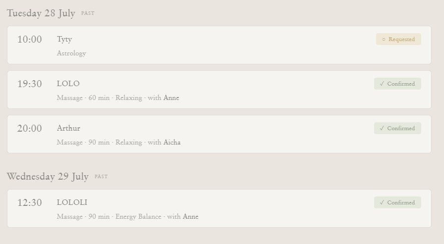 Cocoon booking web app that replaces the paper massage sheet: guests book with no login, therapists claim and confirm on a shared board, and the manager runs every offering on site.