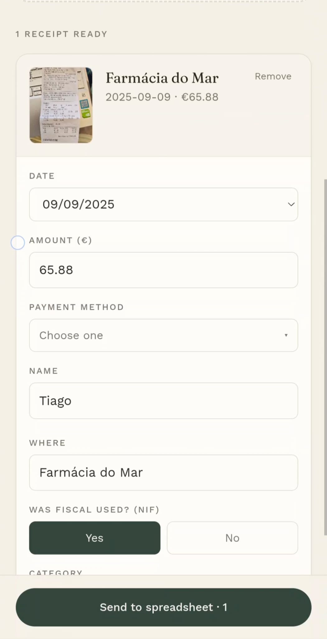 Cocoon web app that photographs a receipt and auto-detects date, tax number, buyer, category, line items and location, then sends a populated row to a spreadsheet.