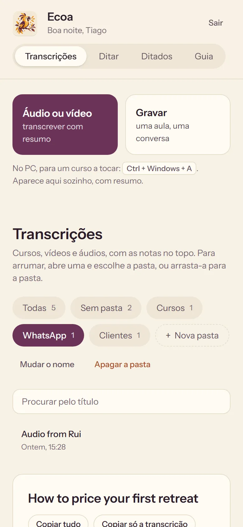 Ecoa on a phone: the WhatsApp folder, with a voice note turned into text.