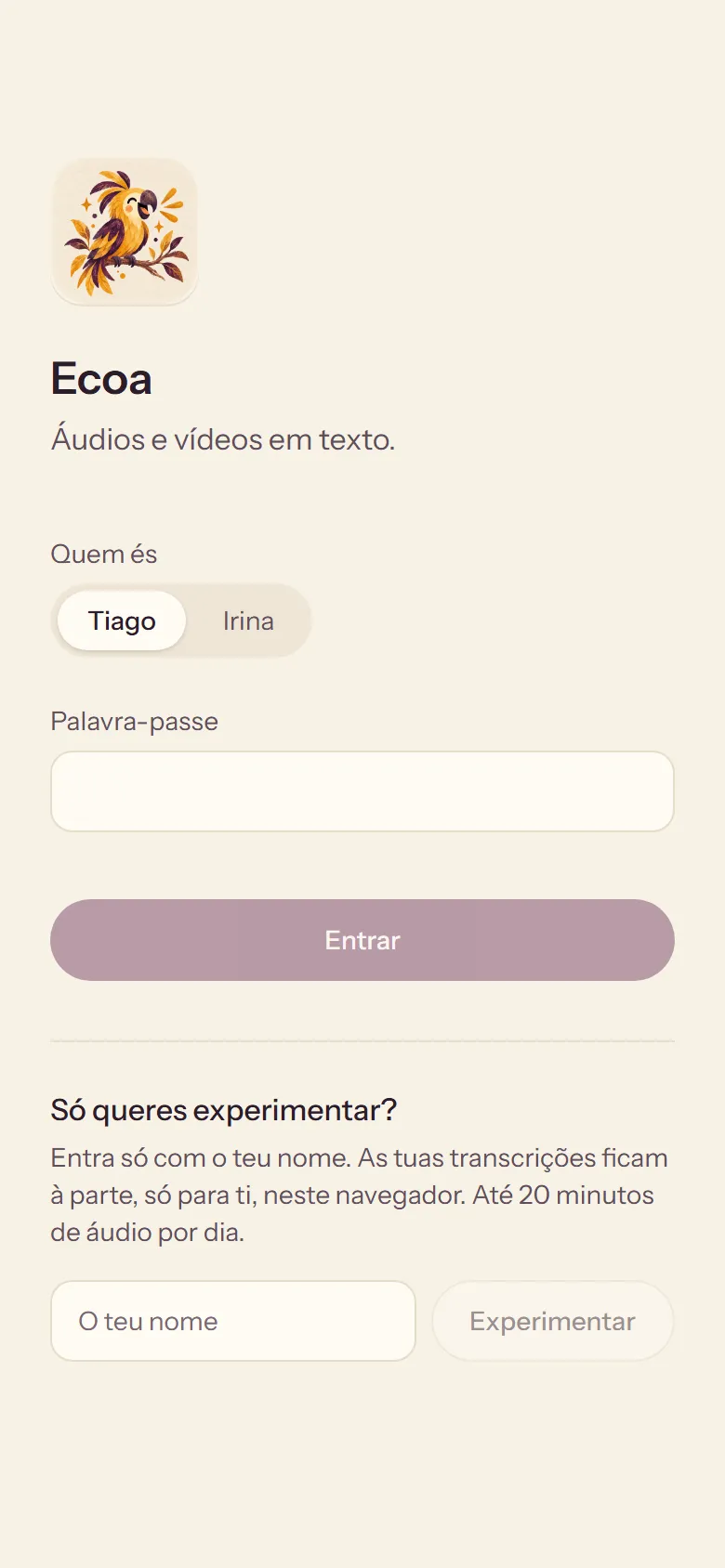 Ecoa on a phone: choose Tiago or Irina and type the password, or come in as a guest with just a name.