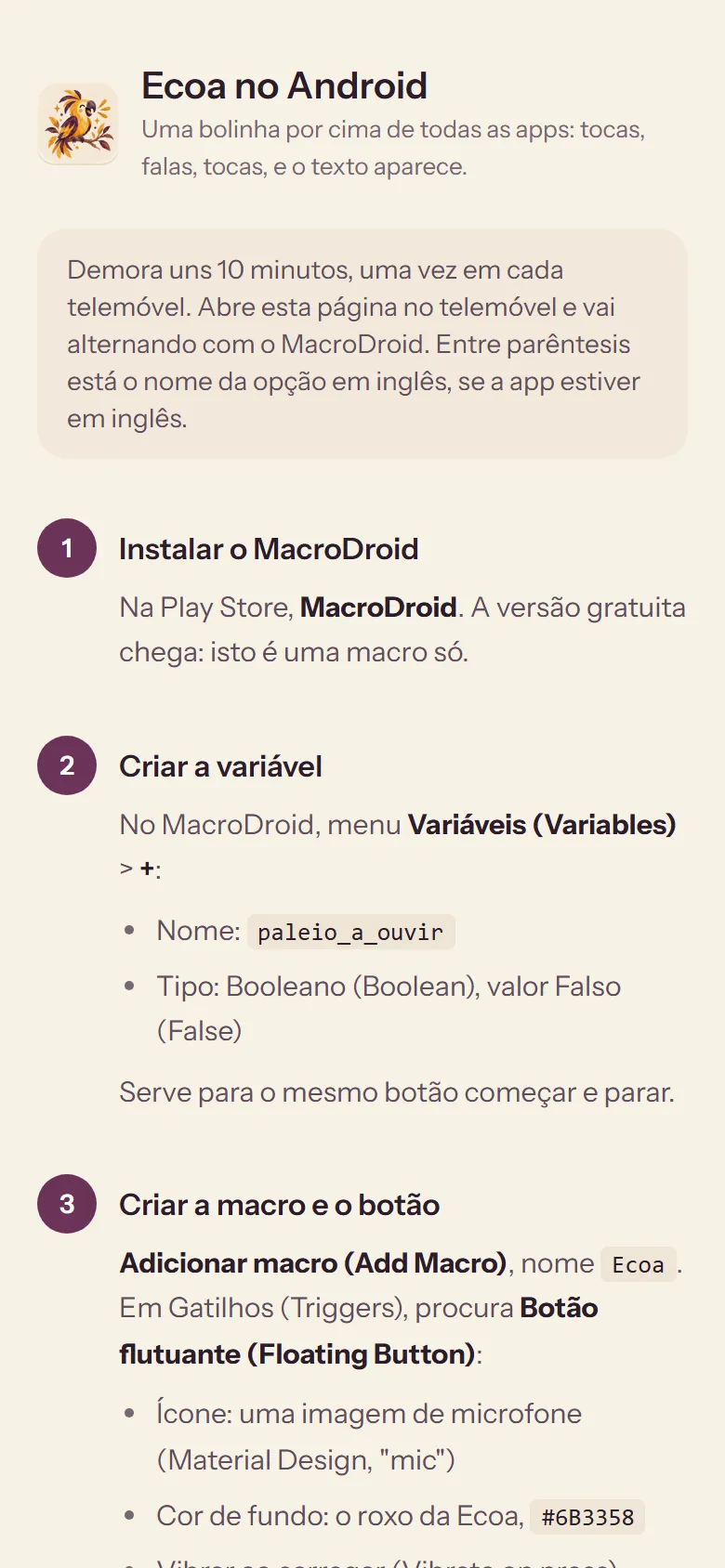 The Ecoa guide for Android: setting up the floating bubble.