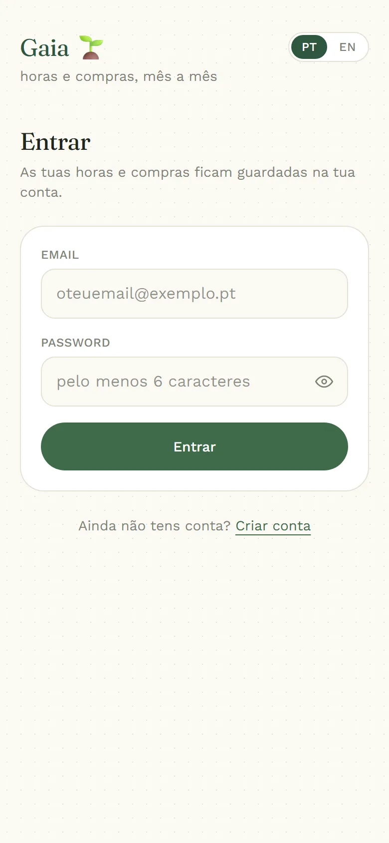 Gaia on a phone: signing in with an email and a password.