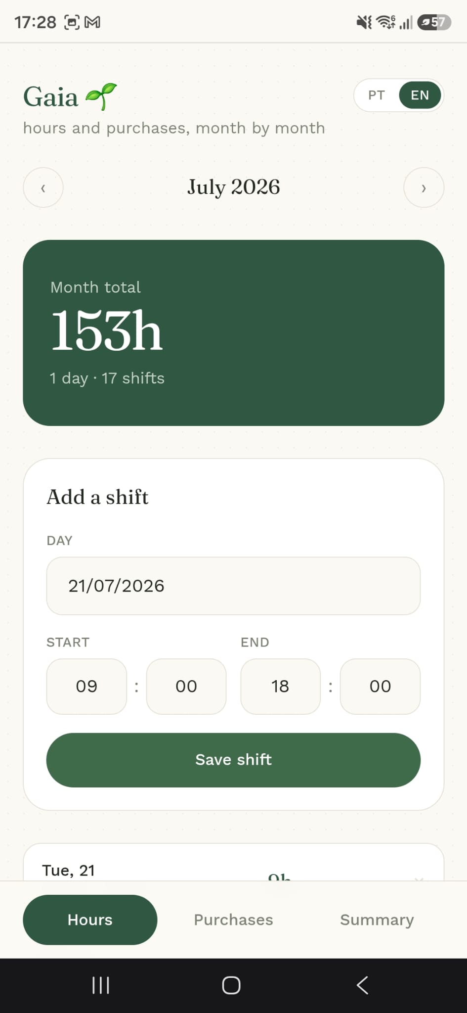 Gaia Hours tab: a green Month total 153h card and an Add a shift form with start and end times.