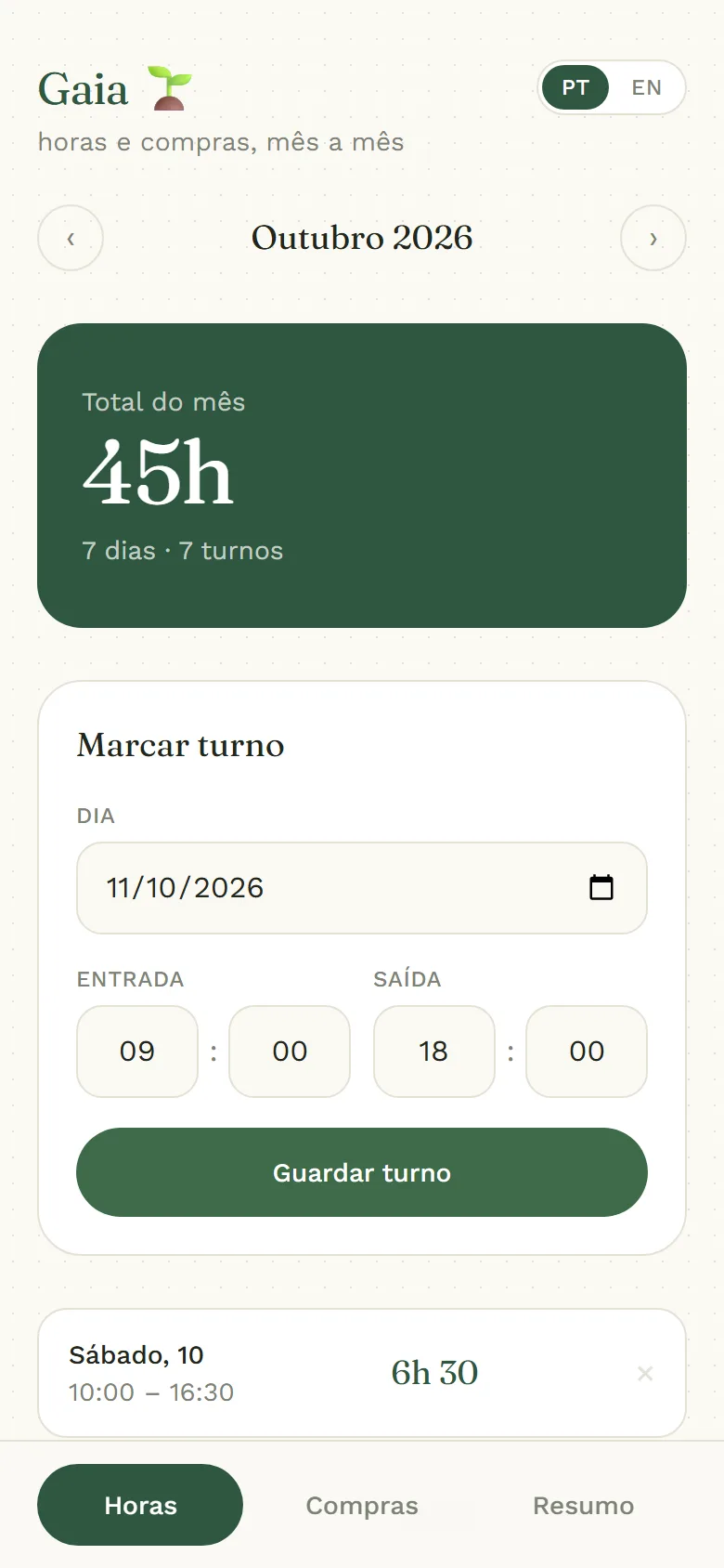 Gaia on a phone: the month's hours, and the form to mark a shift.
