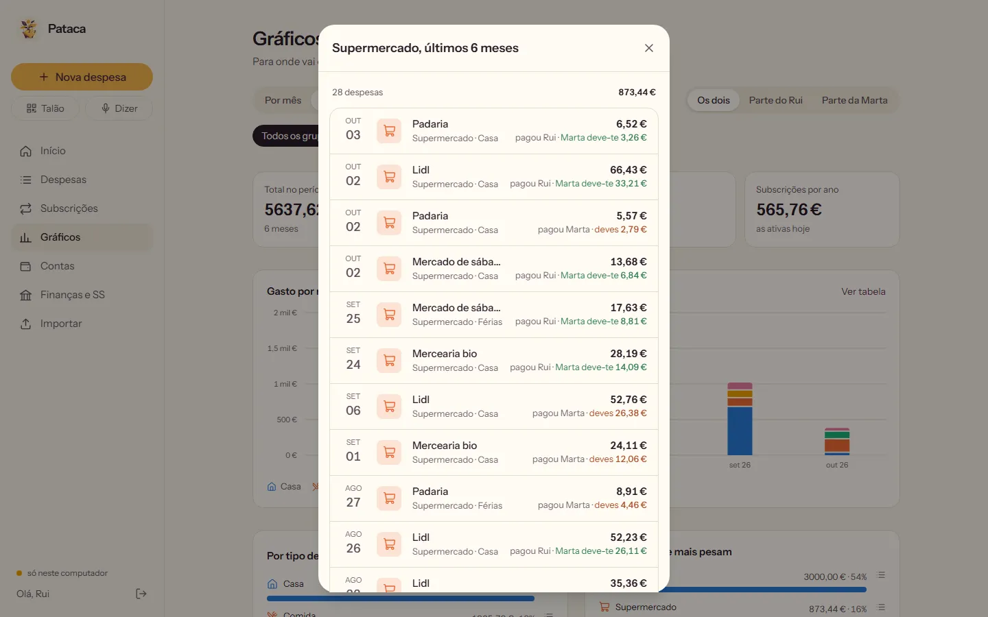 Pataca on a computer: six months of groceries, every expense with the shop, the date and who paid.
