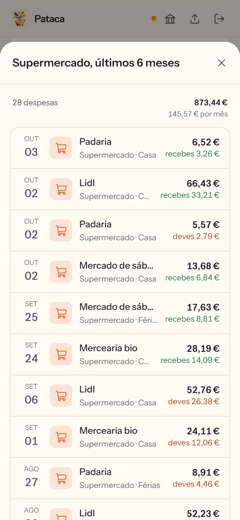 Pataca on a phone: six months of groceries, each expense with the shop and who paid.