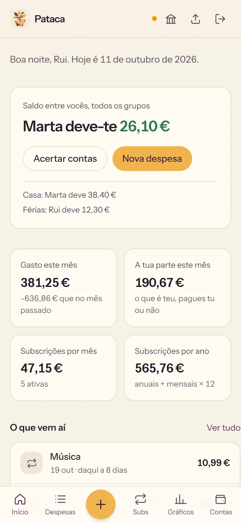 Pataca on a phone: who owes whom, this month’s spending and what is coming up.