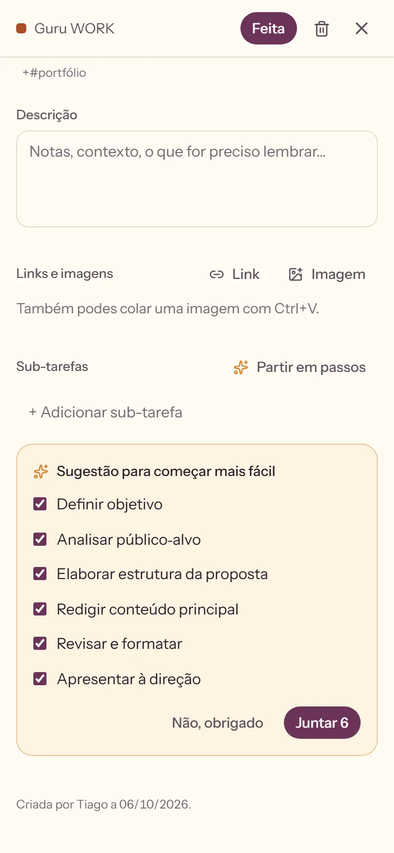 Tecela: five small steps suggested for a proposal, each with a tick box, waiting to be added.