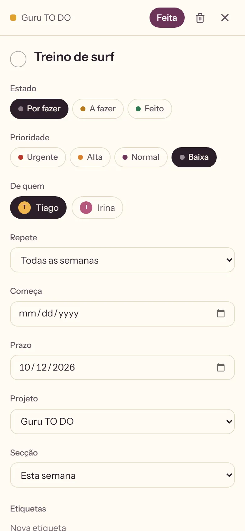 Tecela: a weekly task, set to repeat every week.