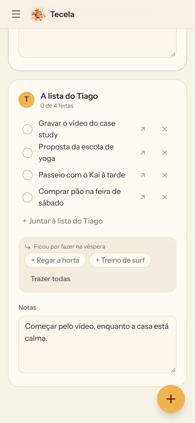 Tecela on Irina's phone: Tiago's list for tomorrow, with the line she added at the end.