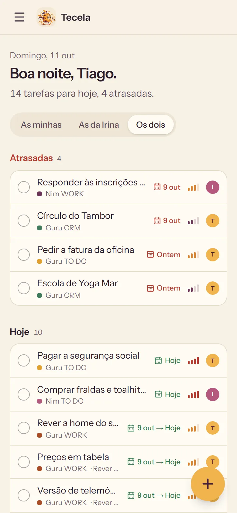 Tecela on a phone, with made-up tasks: today for both of us, with what is late, what is due and whose it is.