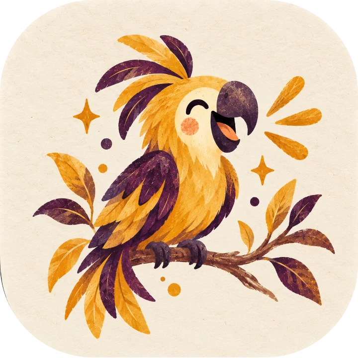 The Ecoa app icon: a laughing golden parrot with purple wings on a leafy branch.