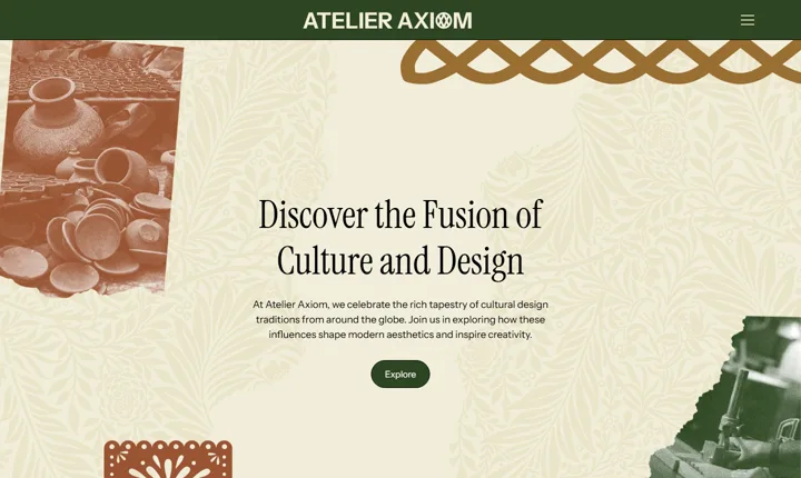 Atelier Axiom homepage: a serif title over a botanical pattern, with torn-paper photos of pottery and craft.