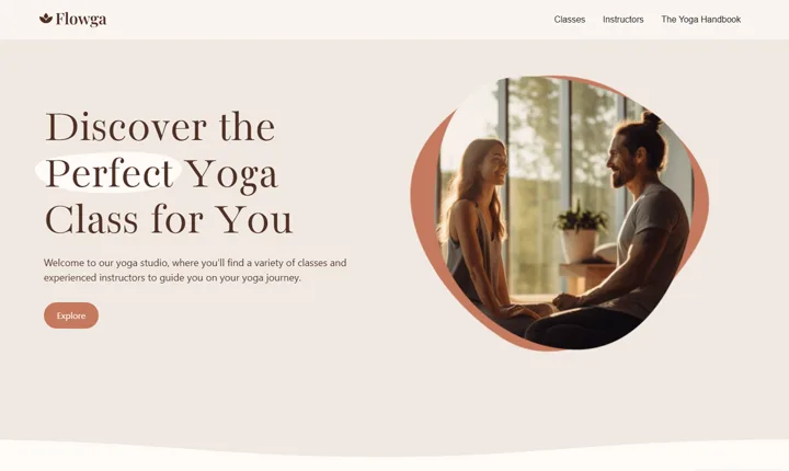 Flowga yoga studio homepage: a serif title, a terracotta button and a rounded photo frame on a warm cream ground.